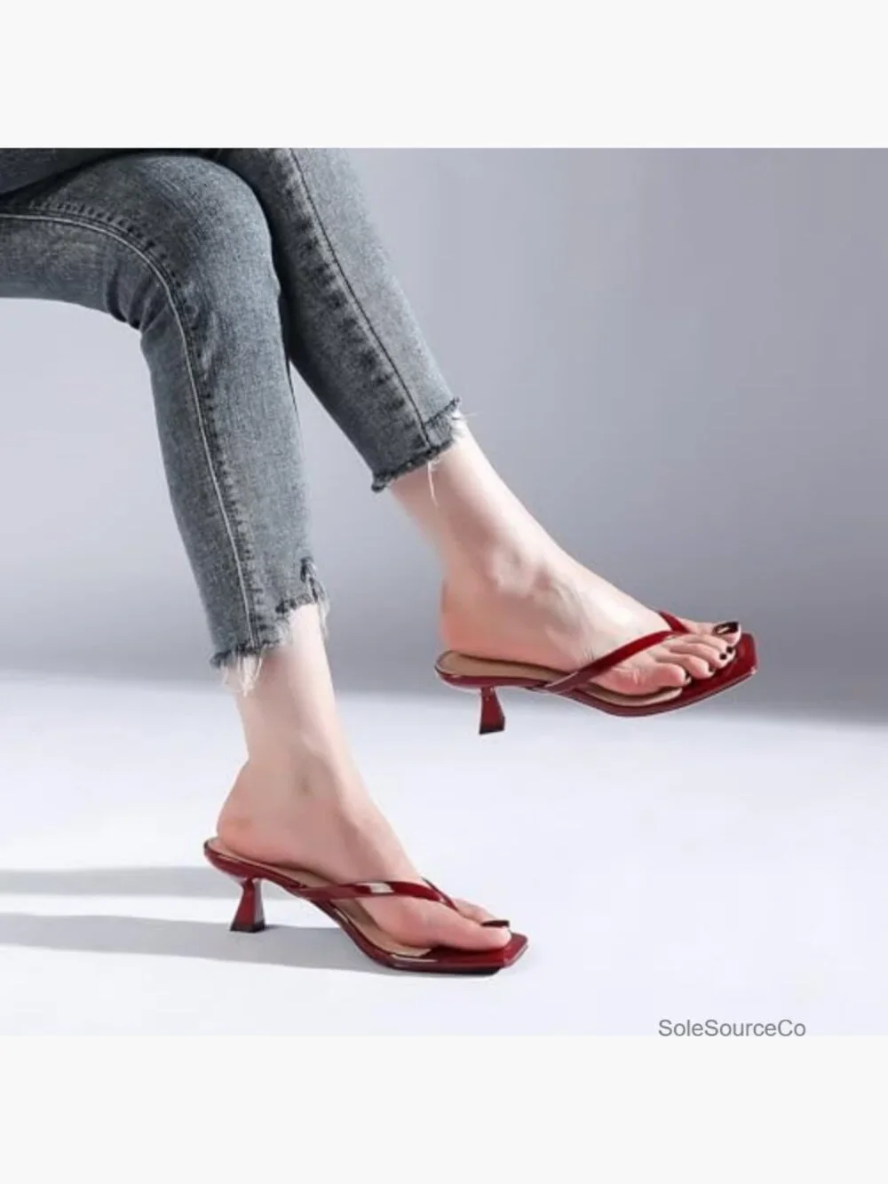 Women's Kitten Heel Flip Flop Sandals Square Open Toe Slip On Heeled